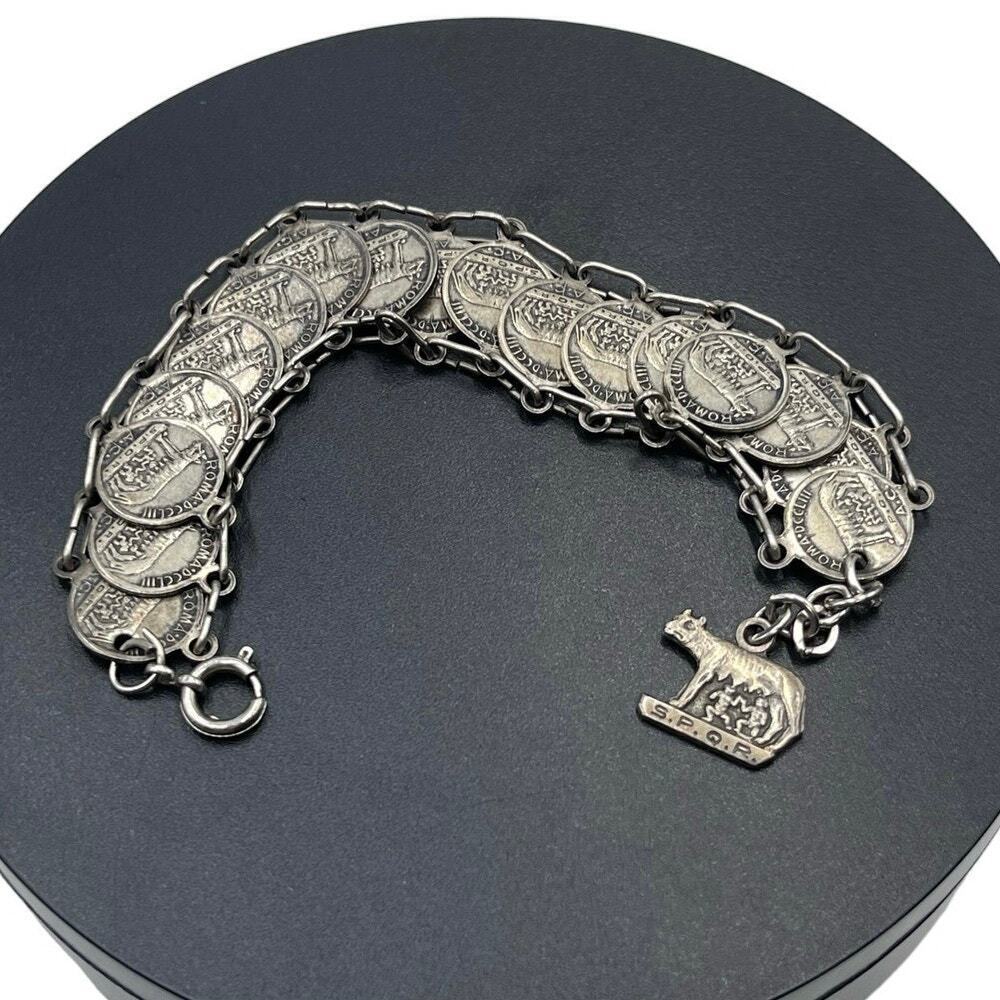 Vintage 1950s Rome‎ Roman SPQR Antique Silver Faux Coin Tourist Bracelet